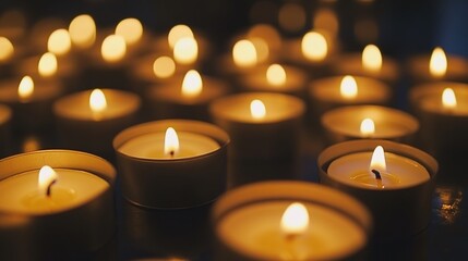 descendant. Vast empty memorial hall with countless extinguished candles, solemn dim atmosphere. event programs, museum guides, designed for cultural heritage projects and event programs.