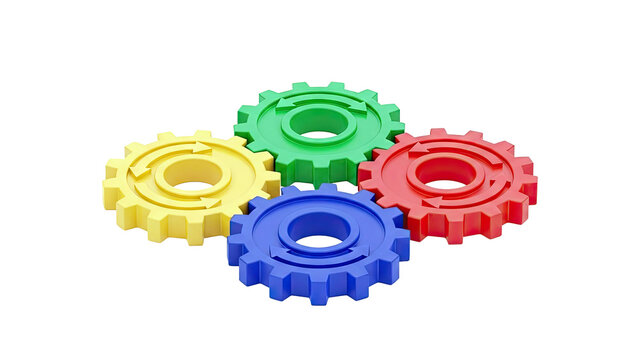 Four Interlocking Colorful Gears with Arrows