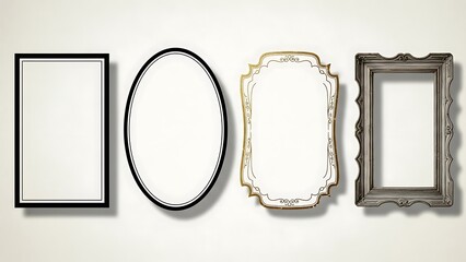 Four empty picture frames on a white wall