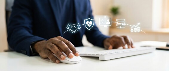 Black man using computer with digital icons of handshake, shield, and growth Concept of business, finance, and technology