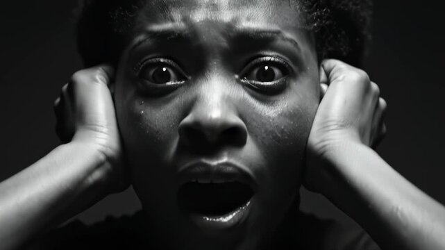 Woman covering ears with shocked expression