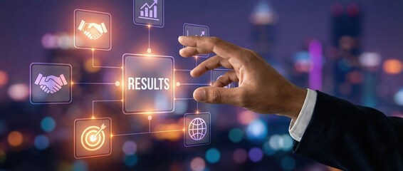 Mans hand interacting with digital network of business icons, results, handshake, target, globe, graph Concept of strategy, success, and global business