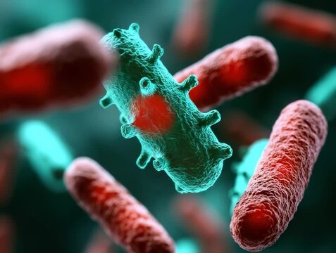Different types of bacteria in close view under a microscope in a lab setting