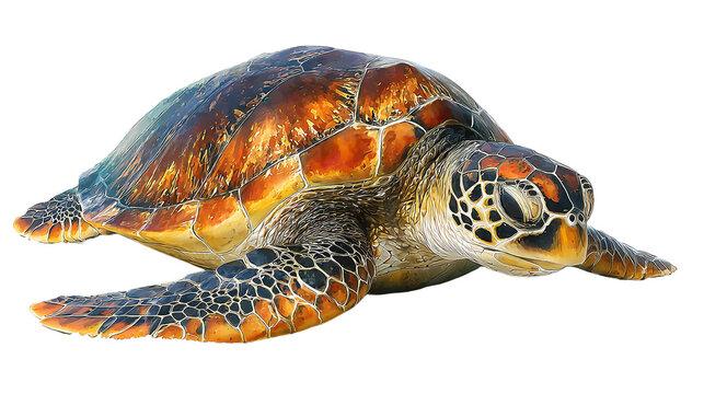 Isolated green sea turtle with rich brown and yellow shell pattern against a deep black background cutout