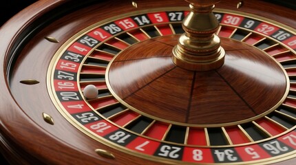 European roulette wheel with a white ball. The polished wooden surface features golden accents and clear numbers. A game of chance and fortune.