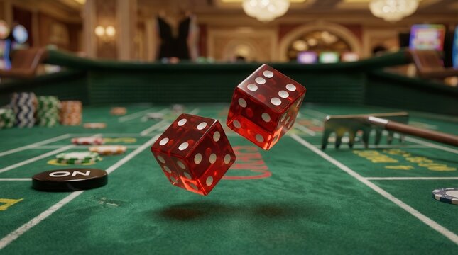 Two red dice fly above a green casino table. Gambling chips are scattered. A blurred dealer stands in the background.