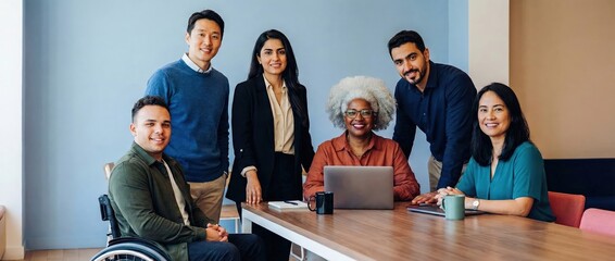 Diverse business team smiling in office meeting, including man in wheelchair, senior woman, Asian man, Hispanic man, and two women Concept of inclusion and collaboration
