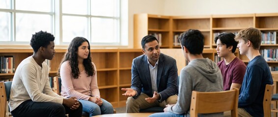 Teacher leading discussion with diverse teenagers in library Adult man mentoring students, education, learning, and teamwork