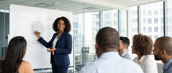 Black woman leading team meeting, presenting flowchart on whiteboard in modern office Diverse group listening attentively Concept of business strategy, collaboration, and planning