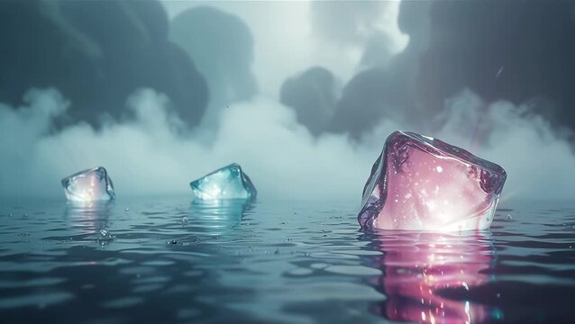 Ethereal Ice Cubes in Misty Water with Colorful Reflections