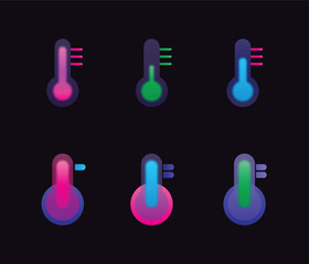 Neon colorful thermometer icons in various temperatures on black background