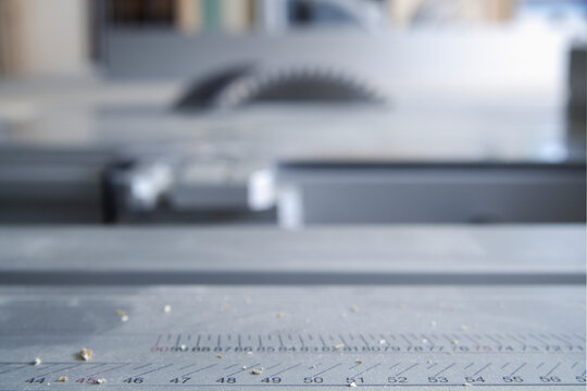 Close up of measure on buzz saw in carpentry workshop in Schaeftlarn