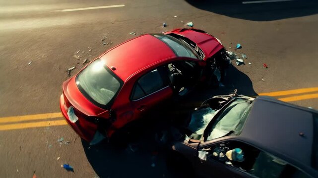 Two cars involved in crash on a road with debris scattered around vehicles