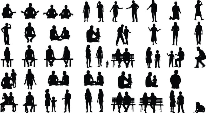 Large collection of black people silhouettes sitting standing walking and talking, family and individual human figures vector set on white,