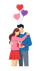Fototapeta premium Couple hugging while holding a gift with heart-shaped balloons for Valentine's Day 