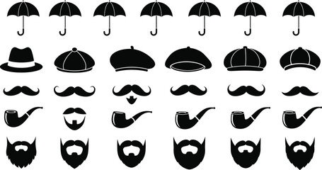 Gentleman accessory icons set, umbrellas hats mustaches pipes beards, black vintage silhouette symbols, classic men style elements, isolated on white © Julfikar