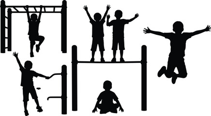 Silhouettes of active children playing on playground equipment, jumping, climbing monkey bars, and having fun during outdoor summer fitness activities. (Exactly 20 words) © Abdul