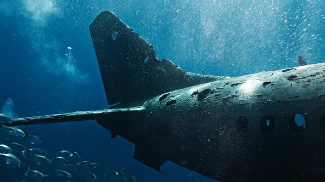 Underwater view of a submerged airplane