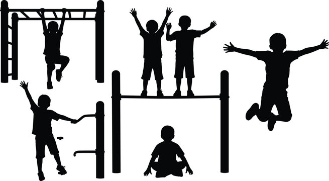 Silhouettes of active children playing on playground equipment, jumping, climbing monkey bars, and having fun during outdoor summer fitness activities. (Exactly 20 words)