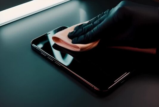 Digital hygiene concept cleaning phone screen, macro close up of human hands wiping smartphone glass with disinfectant wipe, device sanitation routine, protection from bacteria and viruses, modern tec