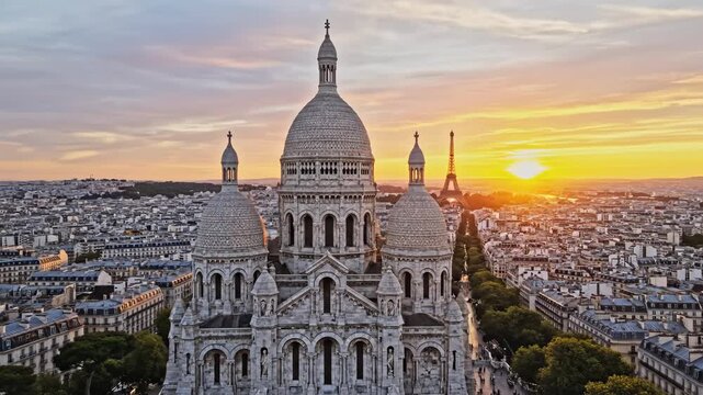 Cathedral with domes in cityscape at sunset