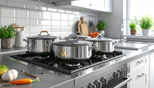 A set of shiny silver stainless steel pots and pans sits on the kitchen stove