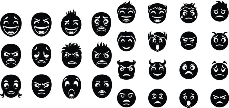 A diverse range of human facial expression silhouettes, representing various emotions for communication and avatar designs
