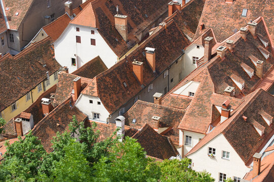 Historic tile rooftops in the old town of Graz Austria