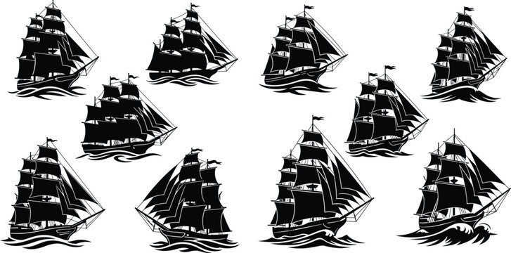 A set of classic tall ship silhouettes with billowing sails, depicting historical ocean exploration and maritime adventure