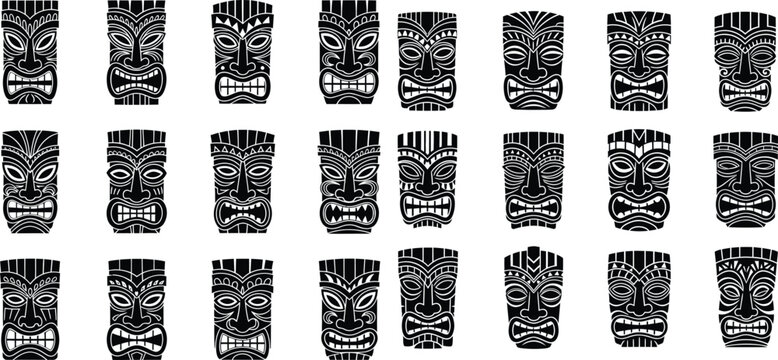 A varied collection of traditional Tiki masks featuring tribal patterns and stylized facial expressions in silhouette