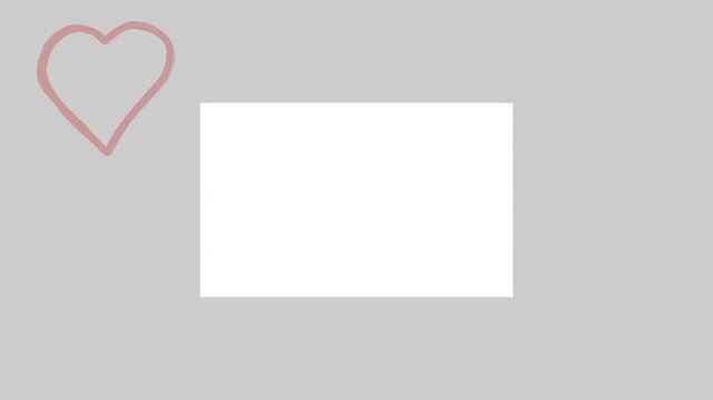 An empty white sheet of paper flies out from below and  and hand painted hearts pop up next to it. Silver, gray background. Valentine's day romance with empty card for your text.