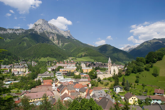 Alpine village of Eisenerz with mountain and church in Styria Austria