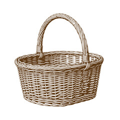 Obraz premium Drawing Vintage Brown wicker basket with handle on white background traditional woven basket