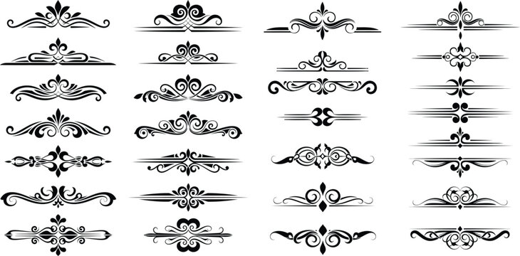 Assortment of elegant ornamental dividers and flourish elements for various decorative graphic design projects