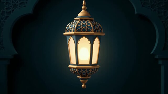 Flat animated Islamic lamp decoration with geometric patterns and warm glow on Ramadan background