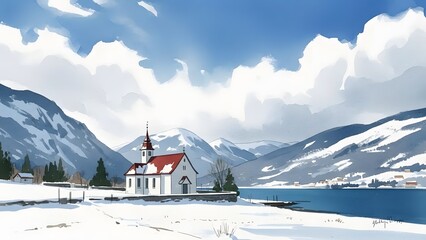 Serene snowy landscape with a quaint church by a frozen lake