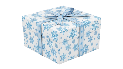 Beautifully wrapped gift box with snowflake pattern and ribbon on white background