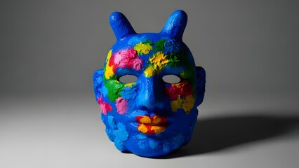 Vibrant blue mask with colorful floral patterns and horns