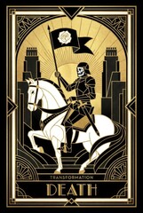 Dramatic Skeleton Rider Holding Flag in Golden Art Deco Style
