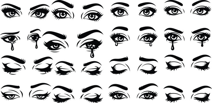 Collection of human eyes showing various expressions including open, closed, winking, and shedding tears