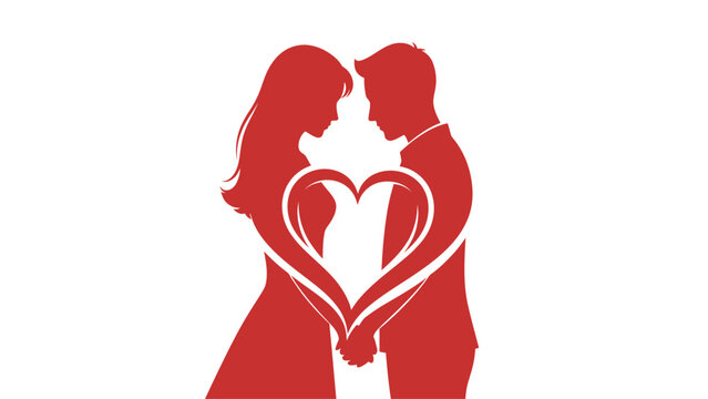 Romantic couple silhouette with arms forming a heart shape, red vector design for Valentine's Day and wedding concepts.