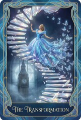 Enchanted Woman in Blue Dress Surrounded by Crystals and Butterflies