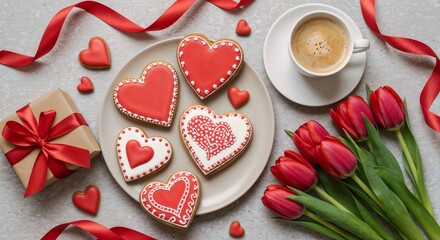 Delicious heart-shaped cookies on plate with coffee and tulips  