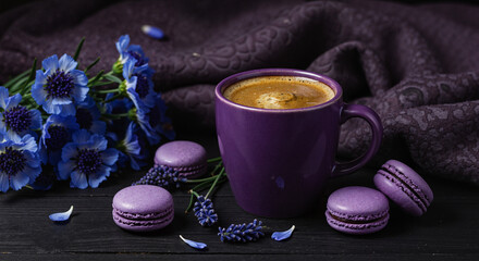 Purple coffee cup with macarons and flowers on dark fabric  