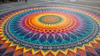 A vibrant vector illustration featuring an abstract colorful background of spiral mandala patterns and circular textured ornaments in a yellow wheel design