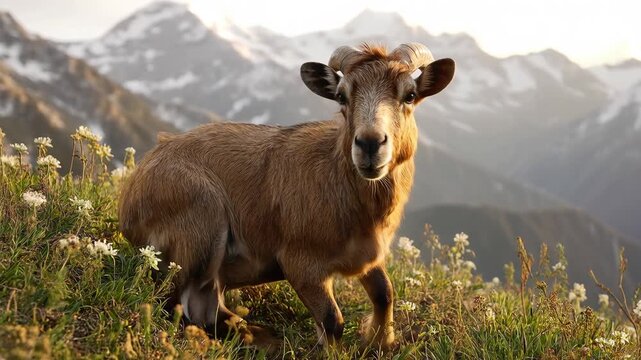 Mountain goat standing on alpine hillside with distant snow-capped peaks