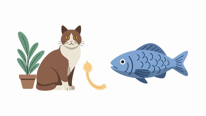 A curious cat looks at a toy fish next to a potted plant