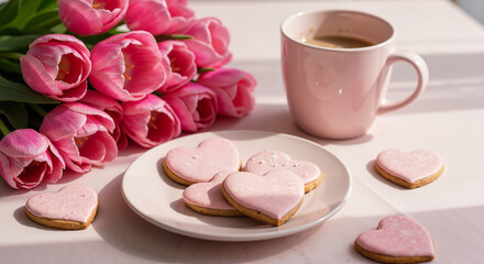 Heart-shaped cookies on plate with coffee and pink tulips nearby  