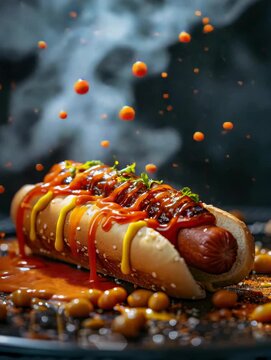 Enjoy hot dog with ketchup and mustard served on a plate with baked beans and spices at a food market