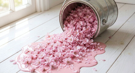 A silver metal paint bucket tipped over on a white wooden floor spilling pink liquid paint that transforms into fresh cherry blossom petals